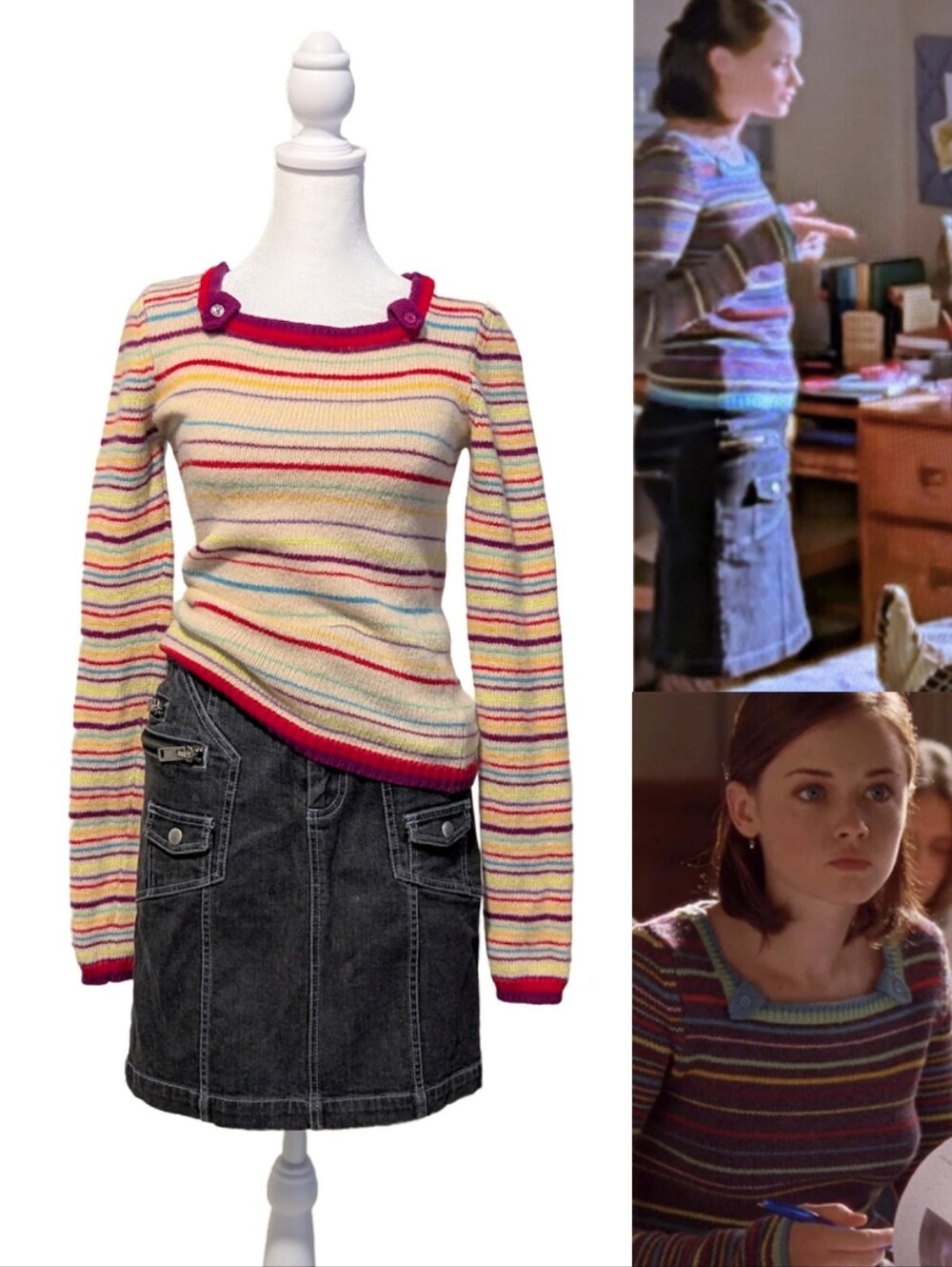 ASO Gilmore Girls Rory Sweater Skirt Outfit Vintage Denim Rainbow Size S XS 2 4